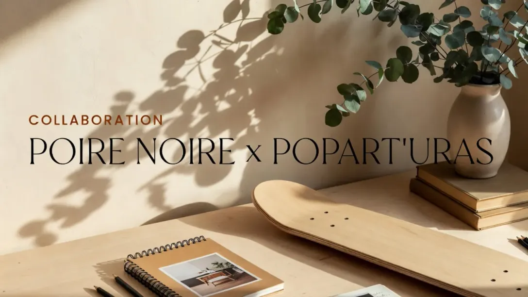 Poire Noire skateboard wall art from the Popart’uras collaboration styled in a calm interior
