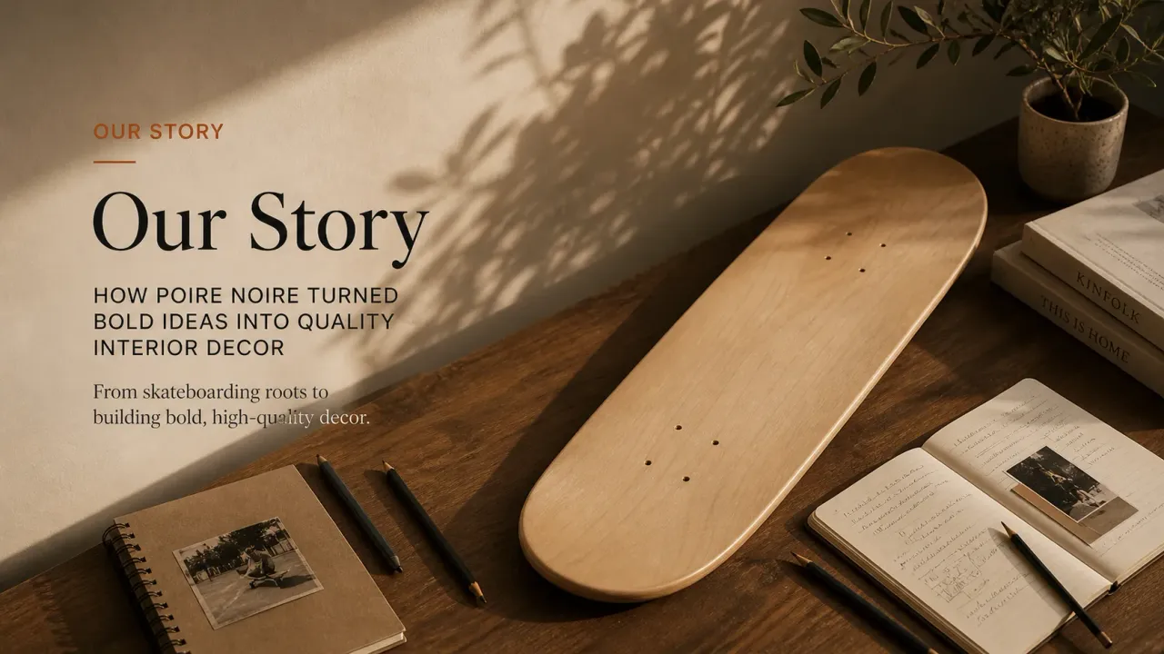 Skateboard wall art styled in a warm living room