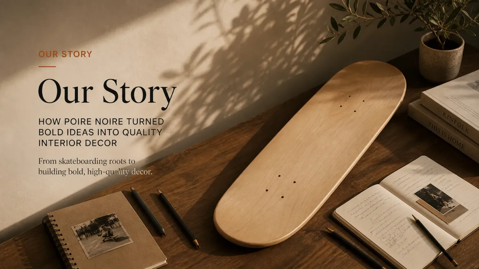 Skateboard wall art styled in a warm living room