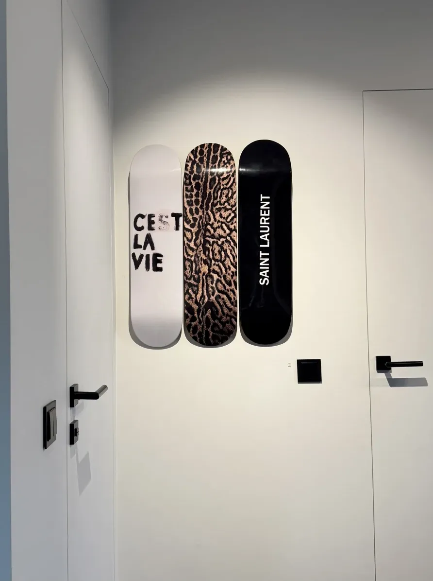 Decorative skateboard in a warm interior