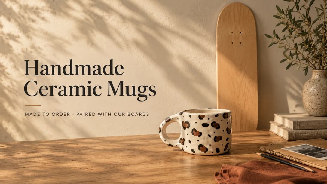 Handmade leopard-print ceramic mug on an oak table beside a blank maple skateboard deck in warm afternoon light