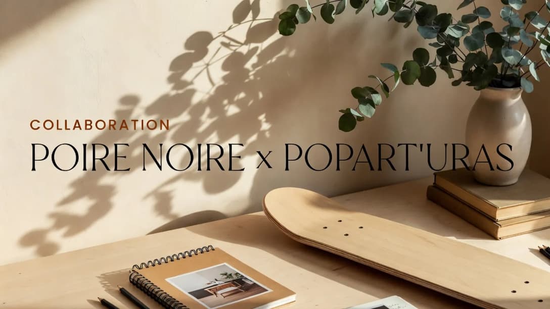Poire Noire skateboard wall art from the Popart’uras collaboration styled in a calm interior